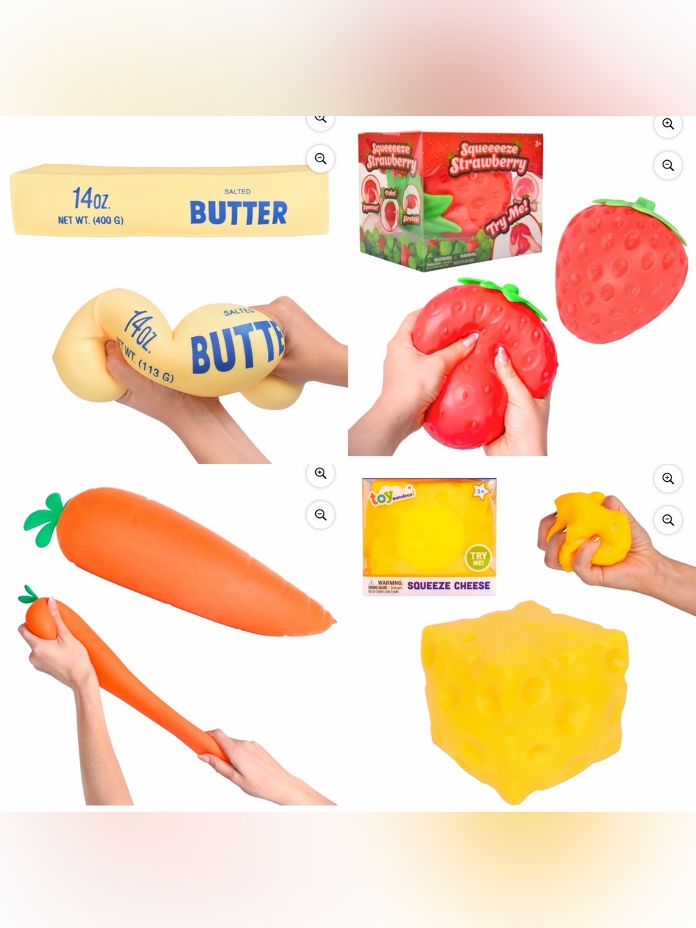 Lot of 4 Viral Food Squishy’s - Strawberry, Carrot, Butter, Cheese